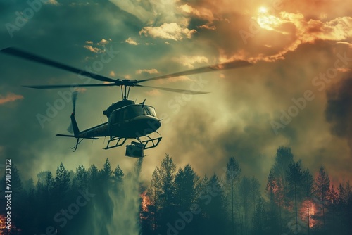 Firefighting helicopters carry water buckets to extinguish, helicopters carry water to stop the fire, fires in the forest, forest burn, summer forest burns, firefighter background, fire background photo