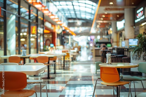 A vibrant shopping mall food court bustling with shoppers and diners, featuring blurred figures for a dynamic scene