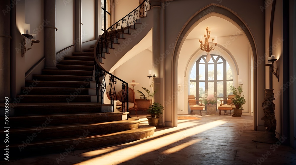 Interior of an old church with large windows. 3d rendering