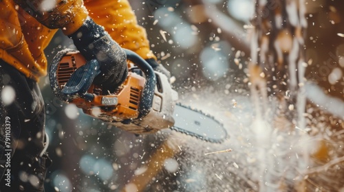 Worker cutting trees wood use portable gasoline chainsaw in natural background. AI generated image photo