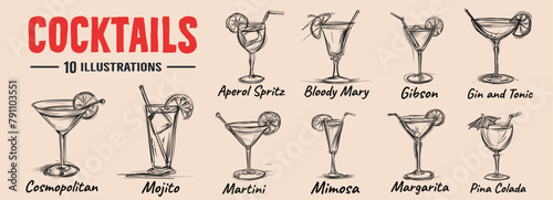 Alcoholic cocktails  vector illustration.Sketch set.Bloody mary, pina colada, mojito, margarita,Mimosa, margarita.