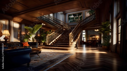 Interior of a hotel with wooden stairs and plants in the lobby