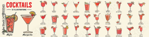 Alcoholic cocktails  vector illustration. Moscow mule, bloody mary, pina colada, mojito, margarita, daiquiri, Mimosa, long island iced tea, Bellini, margarita. photo
