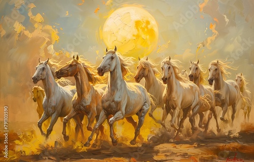 Oil painting of eight horses running towards the sun  golden light  beige and white tones