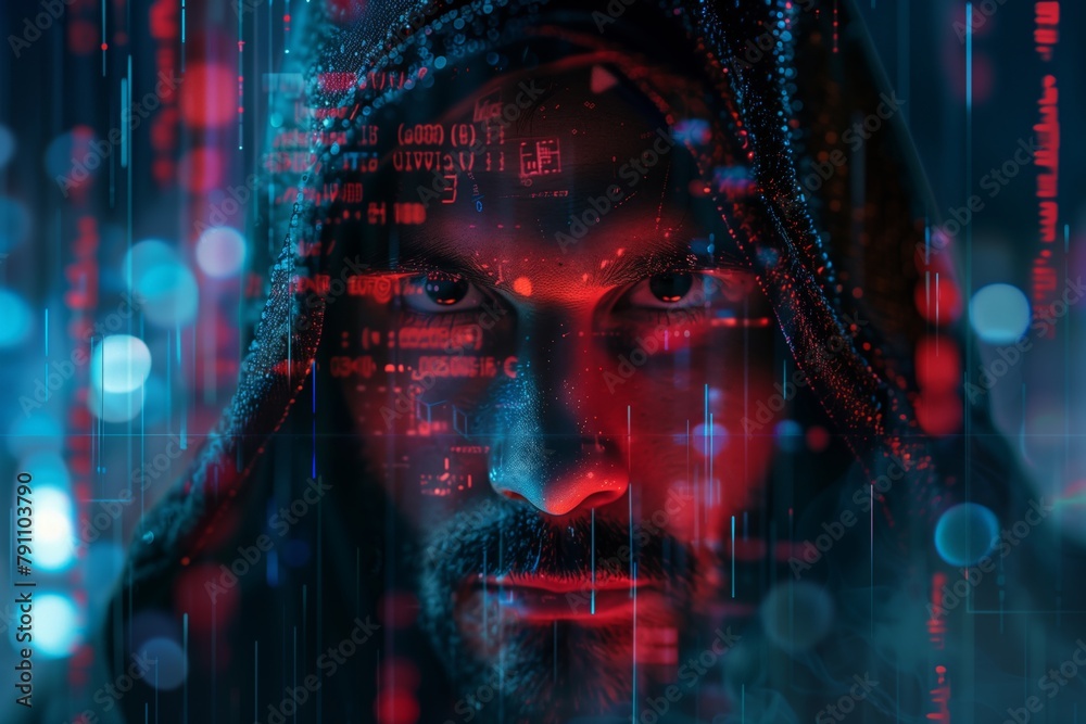 Hacker . A man in a hoodie looks at a camera with a laptop. and digital code against a dark background. Computer data flows from his eyes to the screen.