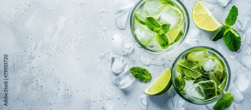 On a white concrete table, there are two highball glasses containing a traditional Mojito cocktail, made with rum, spearmint, lime juice, soda water, and ice, seen from above with space for text.