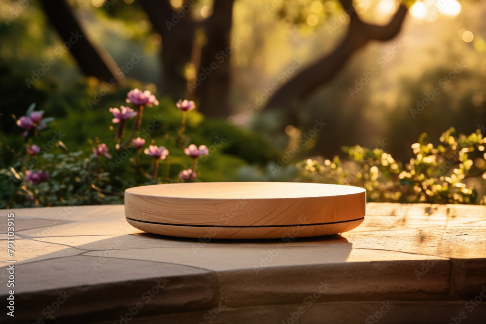 Fototapeta premium Product podium on stone table among blooming flowers in garden. Wooden platform in green field, in golden light of sunset, natural backdrop of trees and grass for product placement
