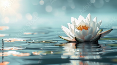 Luxury blooming white lotus flower floating on lake water. AI generated image