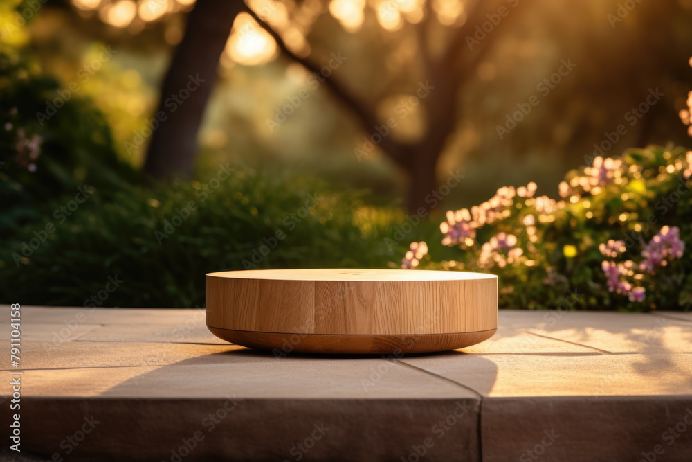 Wooden product podium on concrete with flowers natural landscape, tints and shades. Product platform made of wood, empty in a green garden, sunset light, trees and lush plants for outdoor backdrop