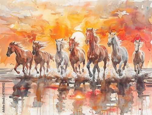 Watercolor painting of eight horses running towards big sun on background, beige and white tones, beautiful clouds in background, realistic watercolor paintings