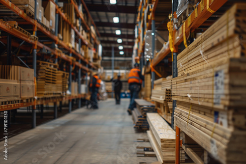 hustle and bustle of a hardware store warehouse, with workers busy restocking and organizing stacks of OSB sheets, against a backdrop of bustling activity and rows of towering shel © forenna
