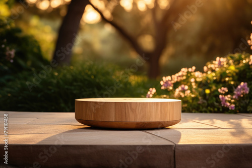 Wooden product podium on concrete with flowers natural landscape  tints and shades. Product platform made of wood  empty in a green garden  sunset light  trees and lush plants for outdoor backdrop