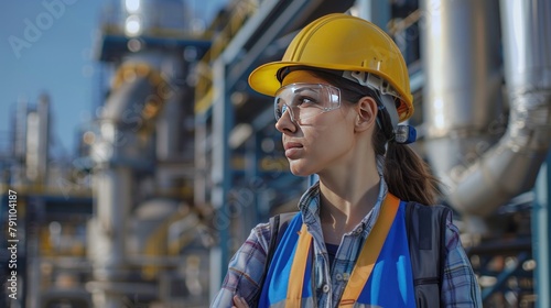 Woman engineer inspecting industrial oil refinery wearing hard hat and blue vest. AI generated