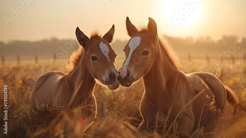 Two horses affectionately touching noses in a meadow. Concept Animal Love, Equine Bonding, Nature Connection