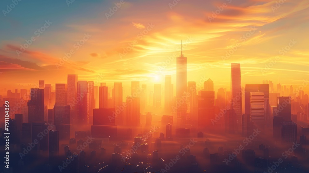 City buildings skyline with urban skyscrapers at golden sunset view. AI generated image