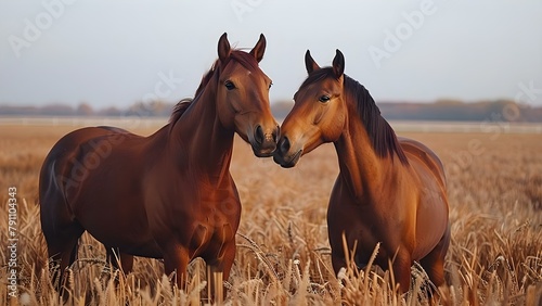 A Pair of Horses Affectionately Nuzzling in a Field. Concept Horses, Affection, Nuzzling, Field, Animals