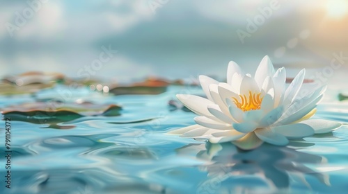 Luxury blooming white lotus flower floating on lake water. AI generated image