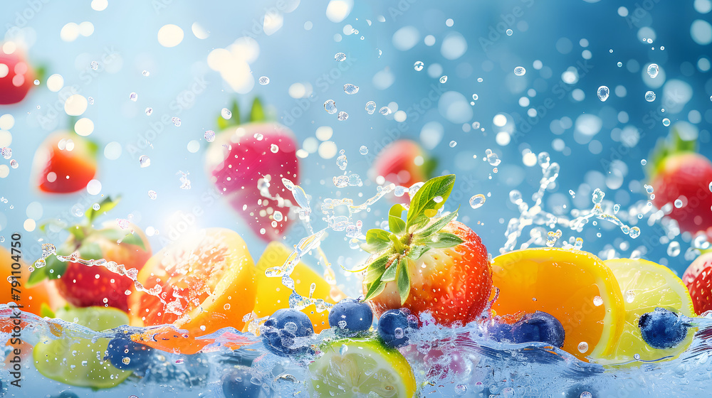 Vibrant blue commercial background with fruits and splashing water