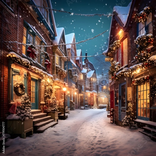 Digital composite of Snowy street with christmas decorations in the city