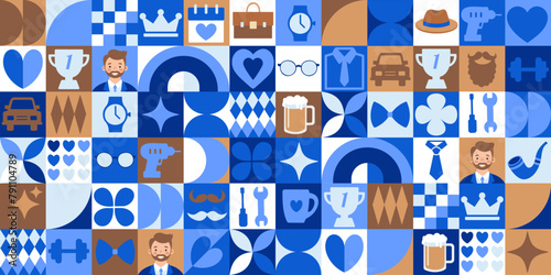 Happy Father's Day icons elements with geometric pattern. Bauhaus style. Vector flat design for poster, card, wallpaper, poster, banner, packaging.	