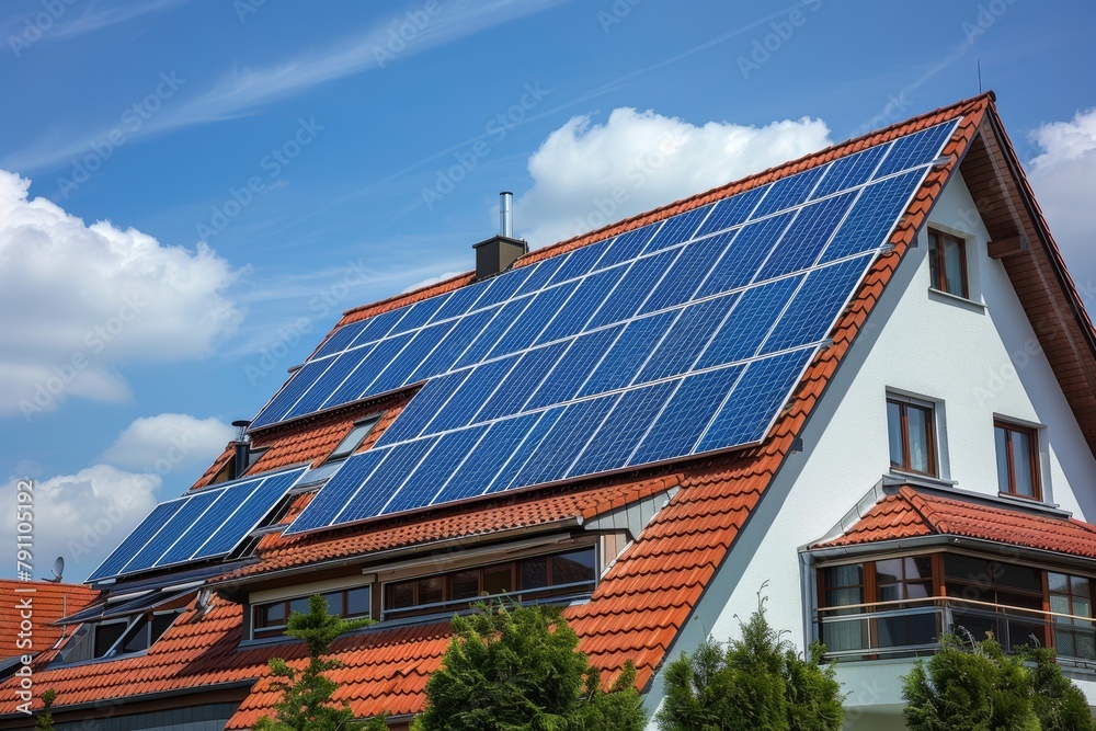 Solar-powered home with rooftop solar panels Solar-powered home with rooftop solar panels