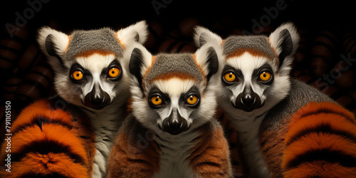 A funny three lemurs looking for the camera with orange and black stripes background