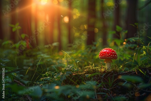 Enchanted scarlet toadstool in green forest floor, captivated under the suns rays