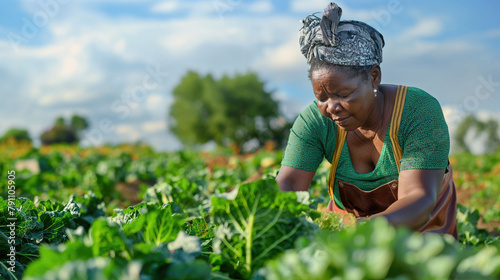 African woman farmer inspecting vegetables in the plantation field