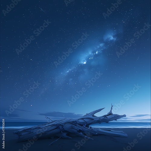 A captivating scene of a deserted beach under the starlit sky, adorned with scattered driftwood pieces.
