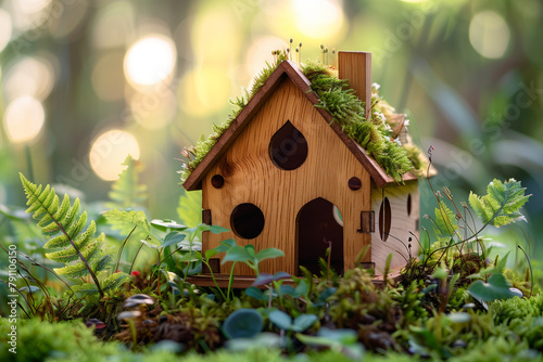 The concept of green and environmentally friendly housing. Miniature wooden house in the spring grass. Eco house