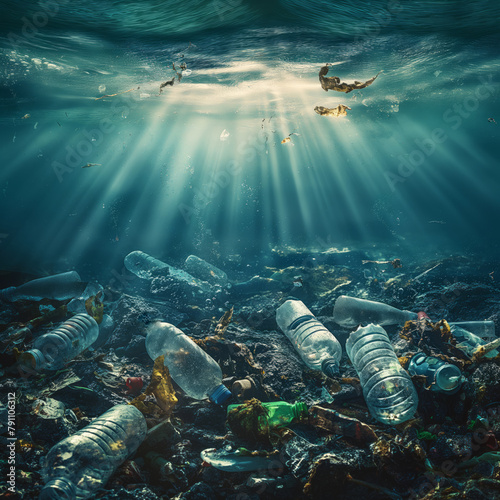 A large amount of plastic bottles are floating in the ocean