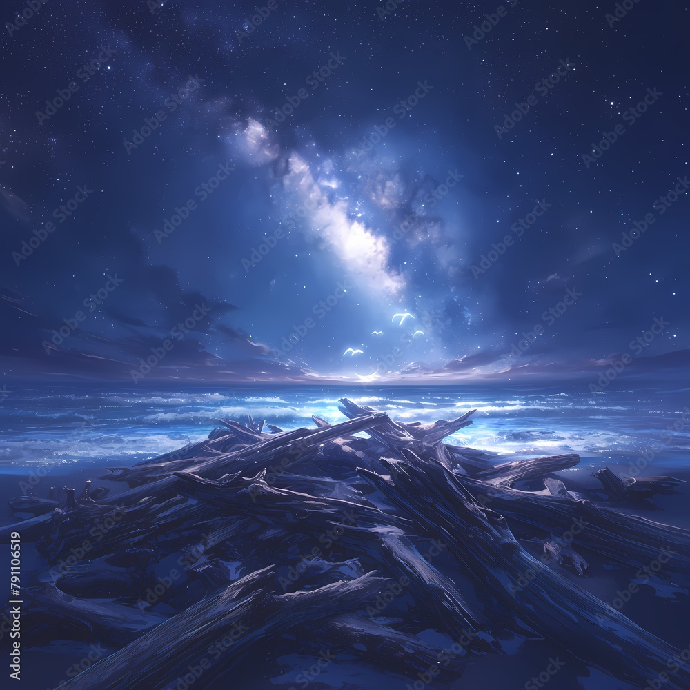 Ethereal Cosmic Ocean Scene with Starry Sky and Glowing Horizon Over Debris-covered Beach