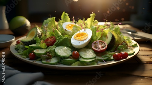 Salad with boiled eggs, cucumber, tomato, and corn on a wooden table