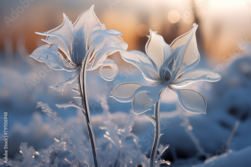 Frosted flowers at winter sunrise