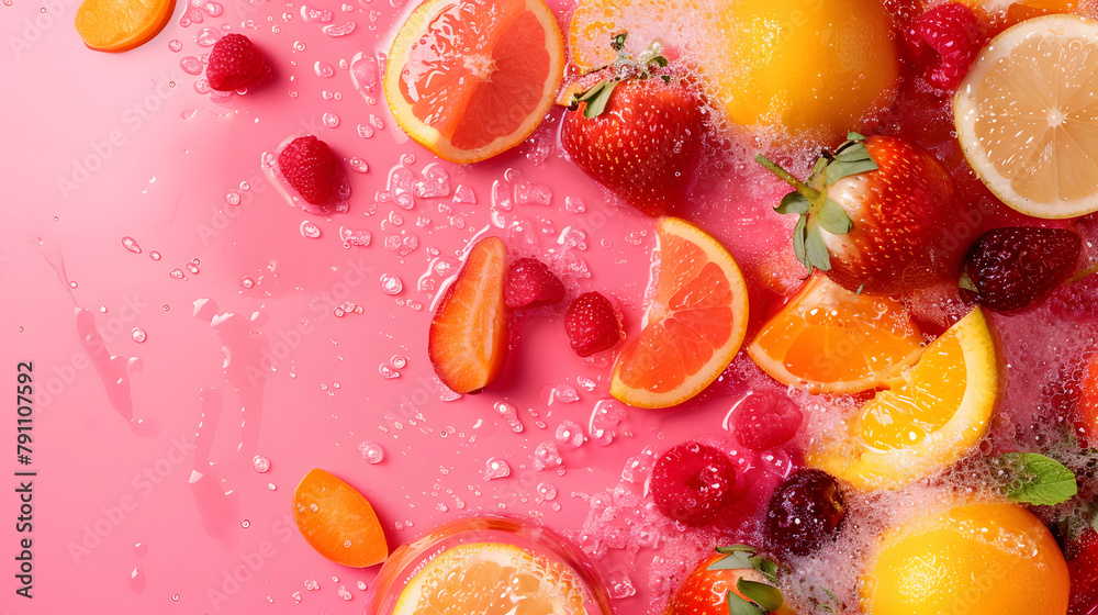 Vibrant pink commercial background with fresh fruits and splashing water Vibrant pink commercial background with fresh fruits and splashing water