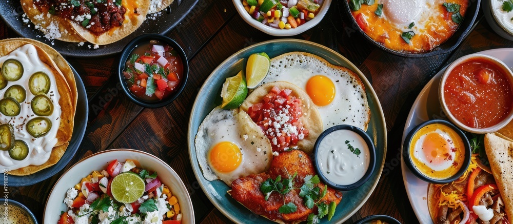 Assorted Mexican breakfast dishes with vibrant colors displayed on a table