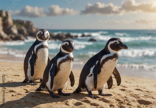 african penguins on the beach of Atlantic Ocean(South Africa).. Video blog concept. Very realistic, 8k quality, hyper realistic, ultra realism