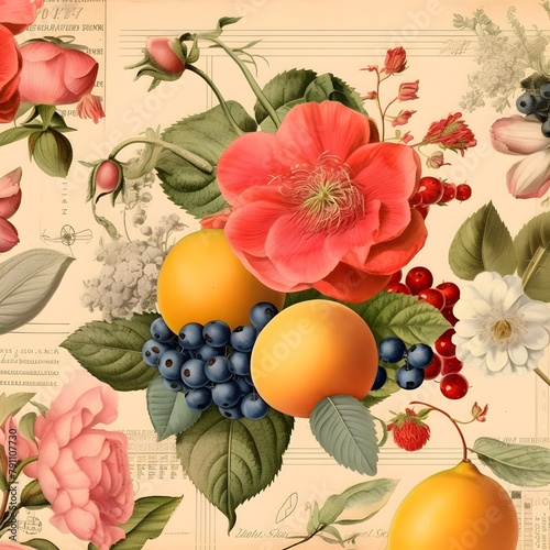 Vintage floral background with flowers and fruits. Toned image.