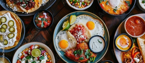 Assorted Mexican breakfast dishes with vibrant colors displayed on a table
