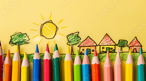 Colorful drawing of a village scene with houses and trees, sketched with crayons on yellow paper, surrounded by a row of sharp, multicolored pencils lined up along the bottom edge. © Nonna