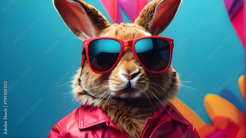 A stylish bunny wearing sunglasses on a vibrant backdrop. Artificial Intelligence