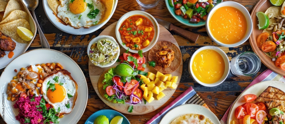 Assorted vibrant Mexican breakfast dishes spread out on a table
