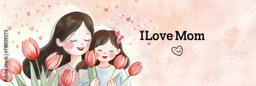 Tarjeta felicitación con el dibujo de una mujer y su hija abrazadas con flores rojas rodeadas de corazones y la inscripción ILove Mon photo