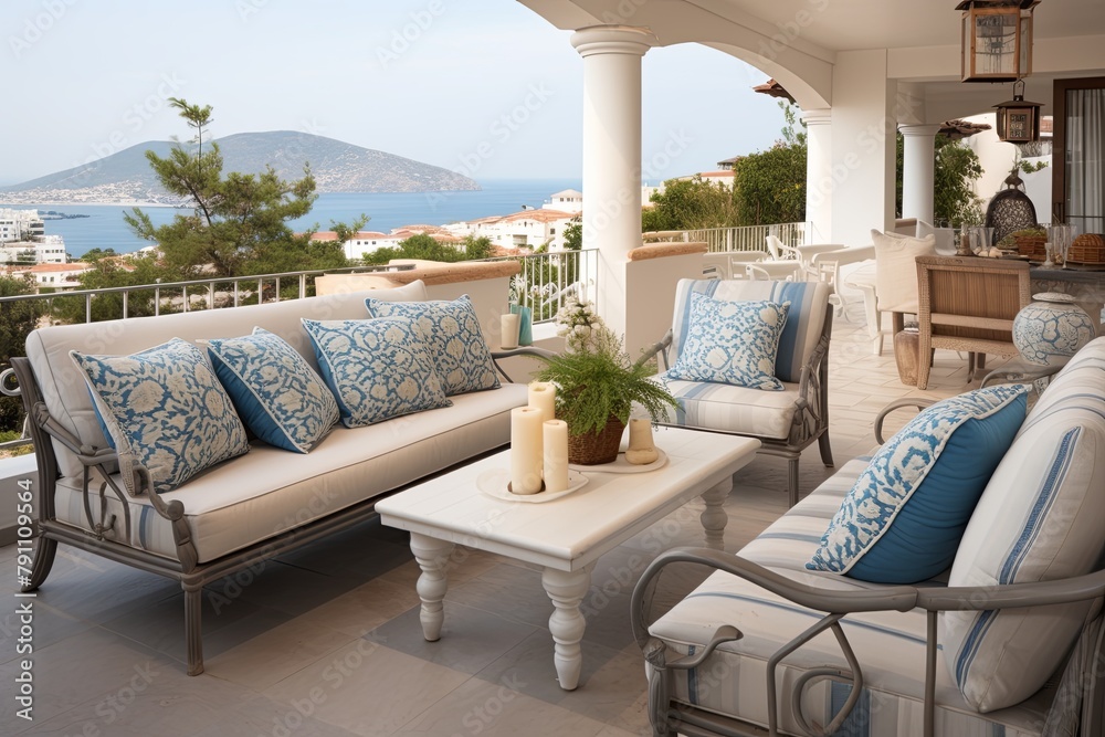 Obraz premium Patterned Throw Pillows for Stylish Comfort: Mediterranean Seaside Patio Ideas