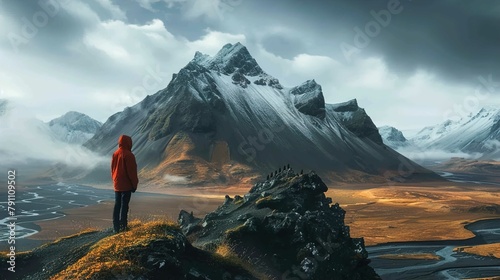 A solitary figure in a bright red jacket stands on a rugged hill, gazing into the distance at a dramatic mountainous landscape. The sharp peak of the central mountain is dusted with snow, and its dark photo