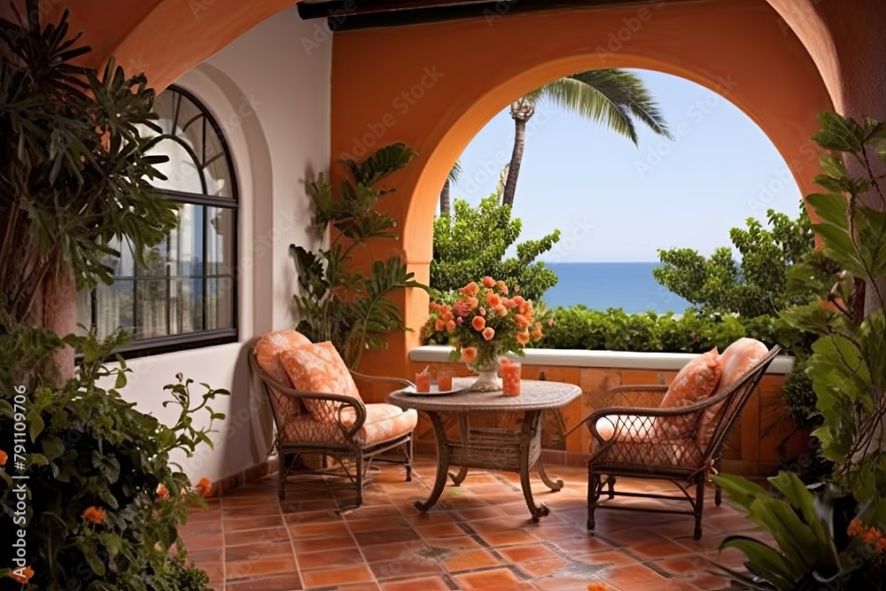 Fototapeta premium Terracotta Tile Marvel: Mediterranean Seaside Patio Inspiration with Wrought Iron Details