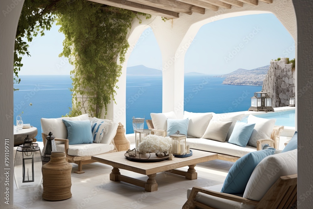 Fototapeta premium Turquoise Accents: Cool and Calm Mediterranean Seaside Patio Ideas