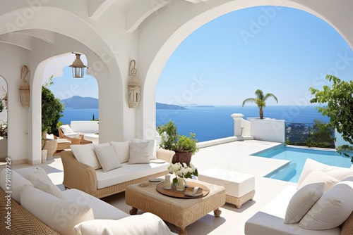 White Stucco Mediterranean Seaside Patio Ideas: Ocean View Oasis © Michael