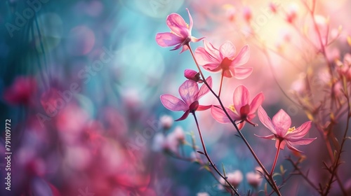 A close-up of delicate pink flowers with a soft  dreamy background. The petals appear translucent and are illuminated by a light source  creating a warm  glowing effect. The background is a blend of t