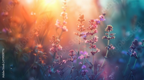 The image shows a close-up of lavender flowers illuminated by a soft, warm glow of sunlight. Various shades of purple and pink flowers stand out against a dreamy and blurred background that hints at m
